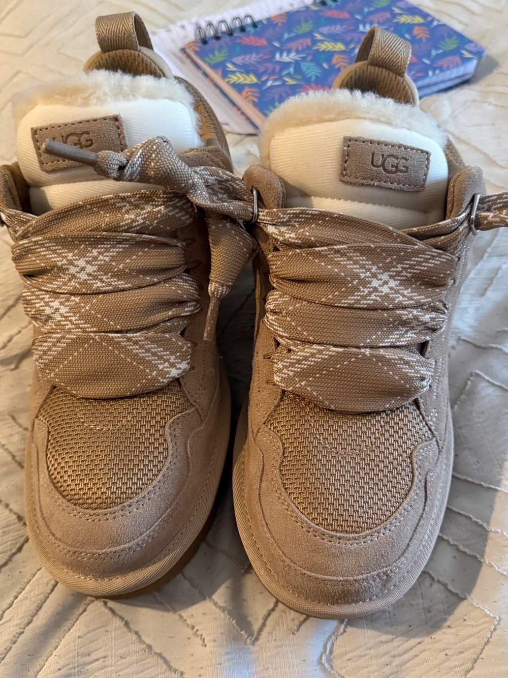 UGG Tan and White Shearling-Trim Lace-Up Sneakers